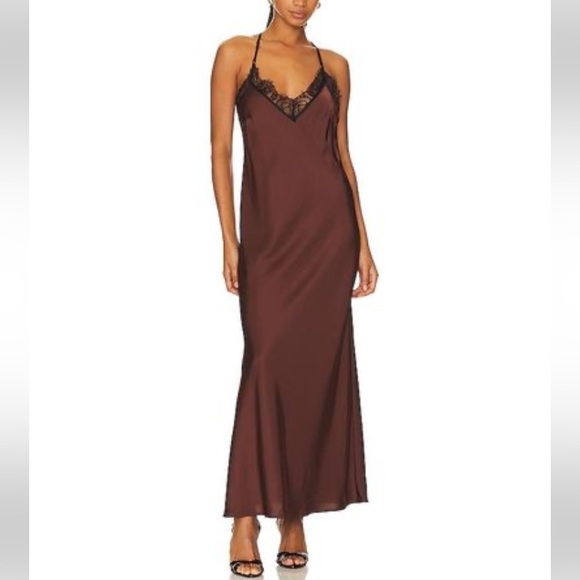 chinese dress ladies Brown Satin Slip Dress with Black Lace Trim M / Brown